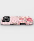 Blush pink Y2K retro floral polka dot tough iPhone case with raised camera and edge protection