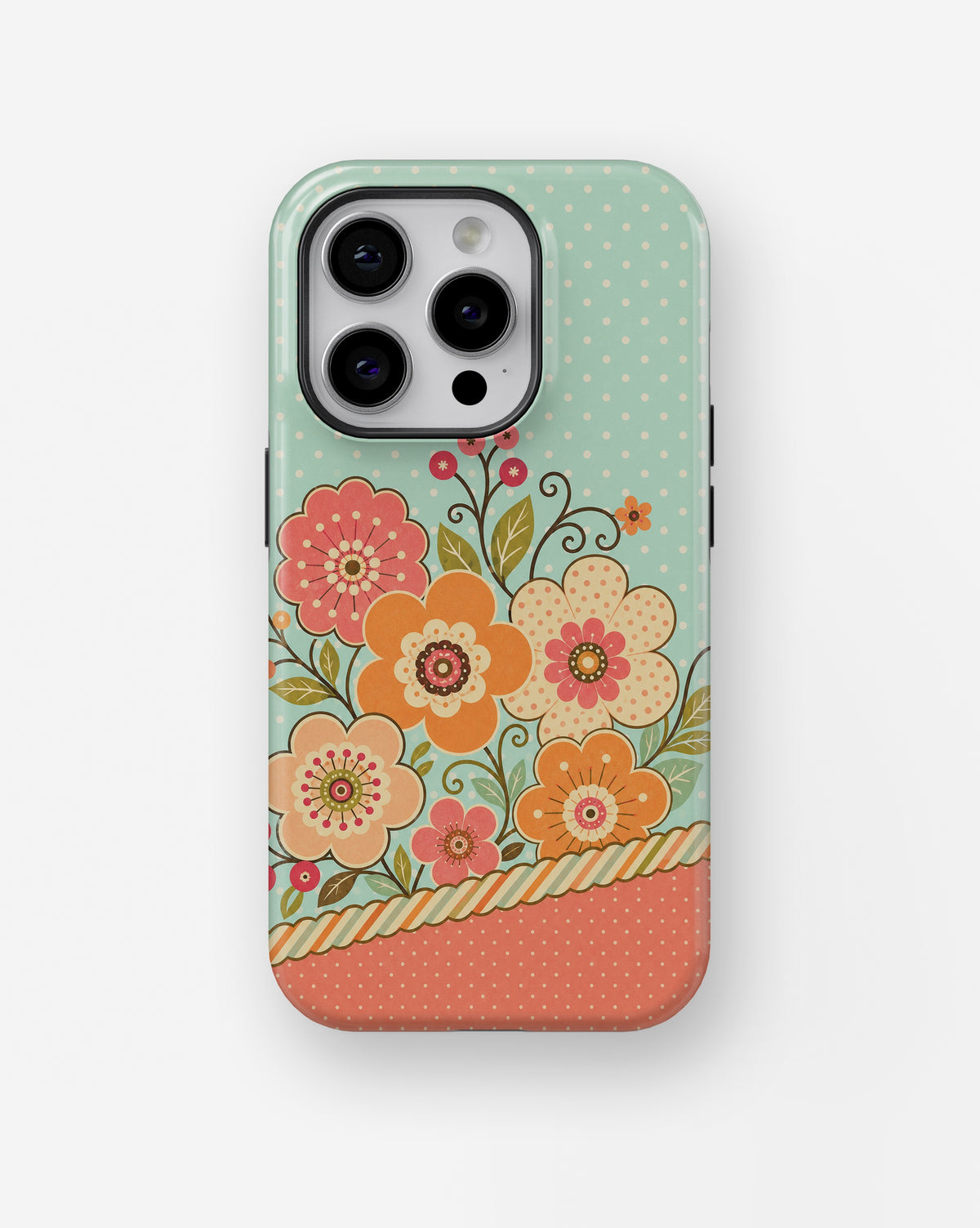 Mint orange coral Y2K retro floral polka dot shockproof case for iPhone Pro models