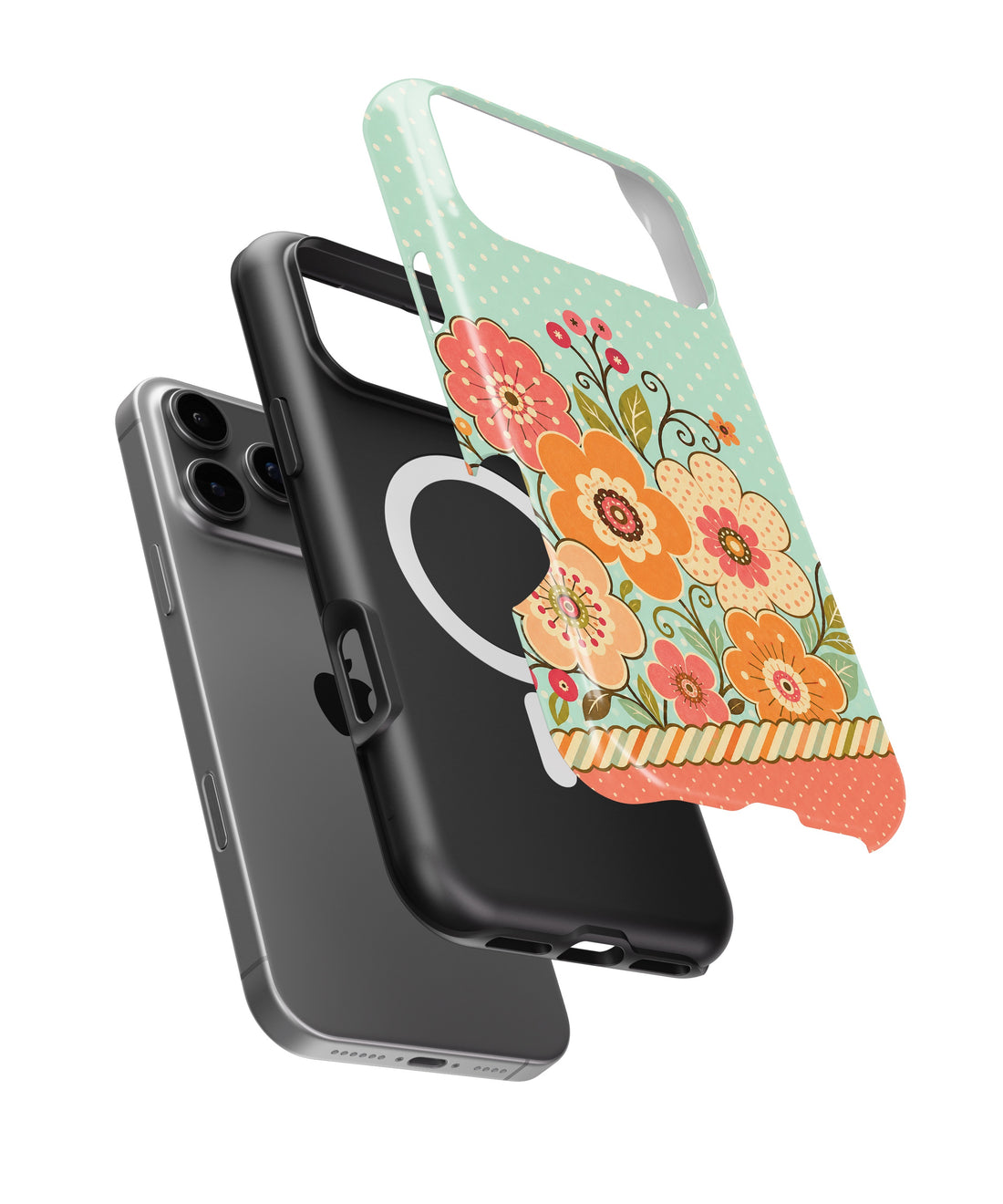 Mint orange coral Y2K retro floral polka dot shockproof MagSafe iPhone case for iPhone 17 Pro Max