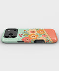 Mint orange coral Y2K retro floral polka dot tough iPhone case with raised camera and edge protection