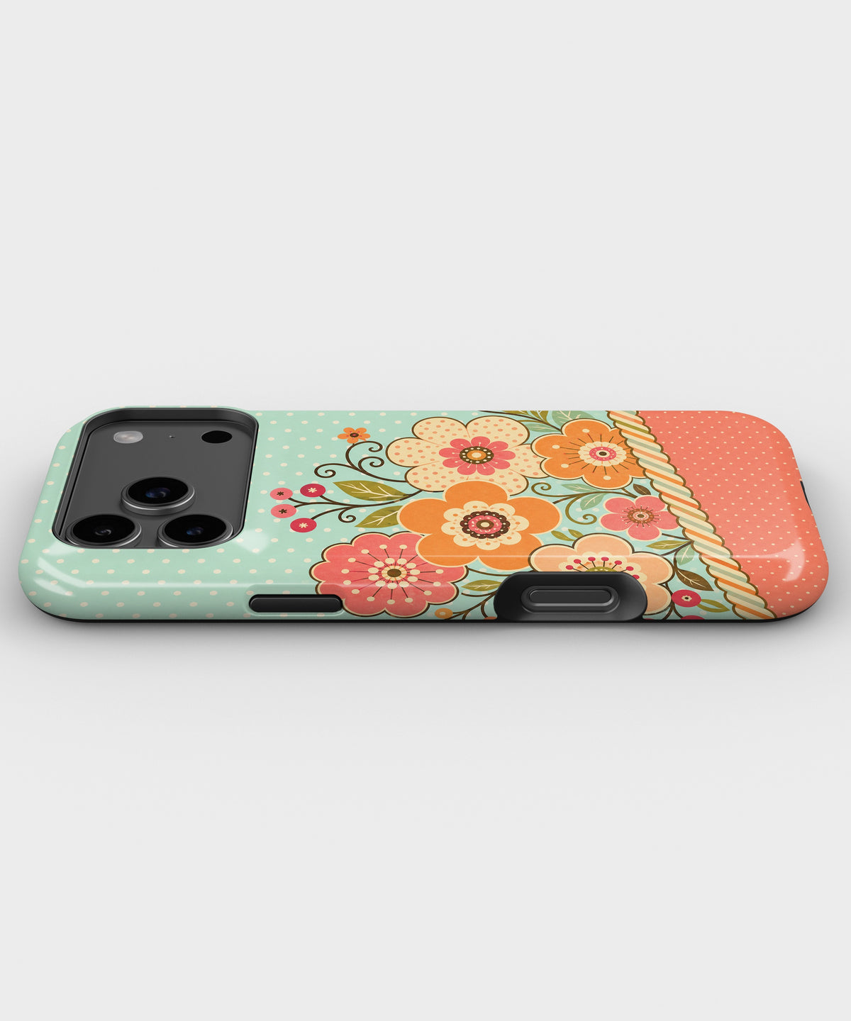 Mint orange coral Y2K retro floral polka dot tough iPhone case with raised camera and edge protection
