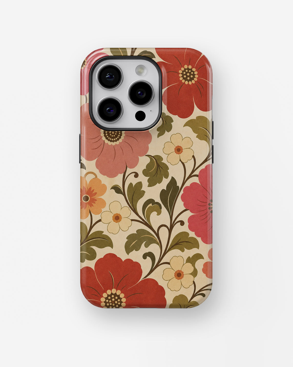 Cream 70s retro oversized floral botanical shockproof case for iPhone Pro models