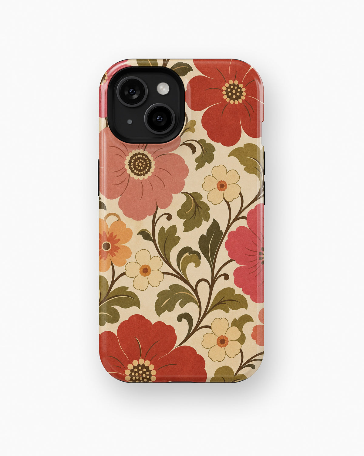 Cream 70s retro oversized floral botanical shockproof case for standard iPhone models