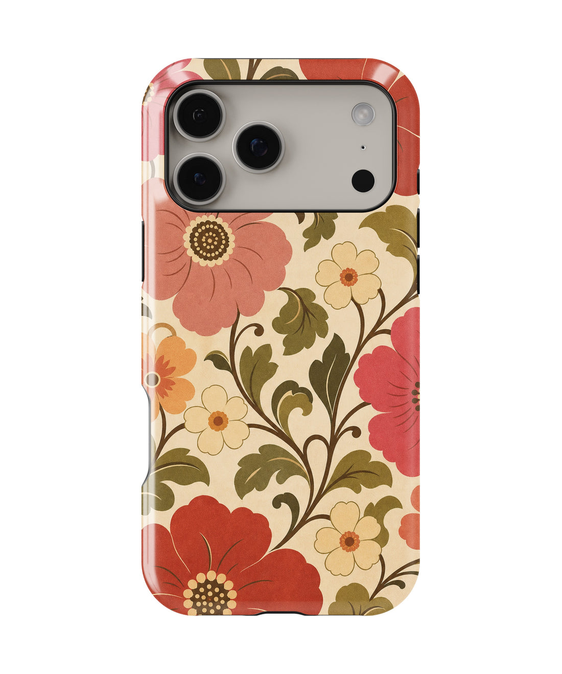 Cream 70s retro oversized floral botanical shockproof MagSafe iPhone case for iPhone 17 Pro Max