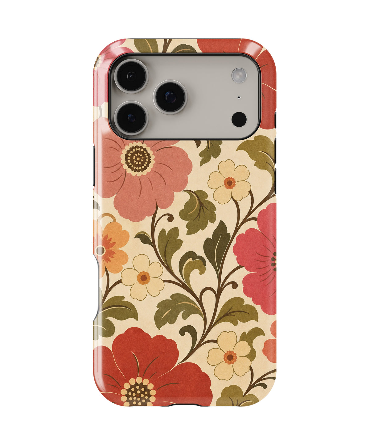 Cream 70s retro oversized floral botanical shockproof MagSafe iPhone case for iPhone 17 Pro Max
