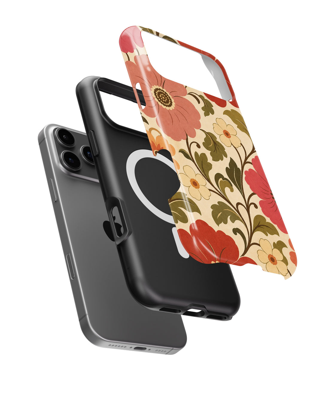 Cream 70s retro oversized floral botanical shockproof MagSafe iPhone case for iPhone 17 Pro Max