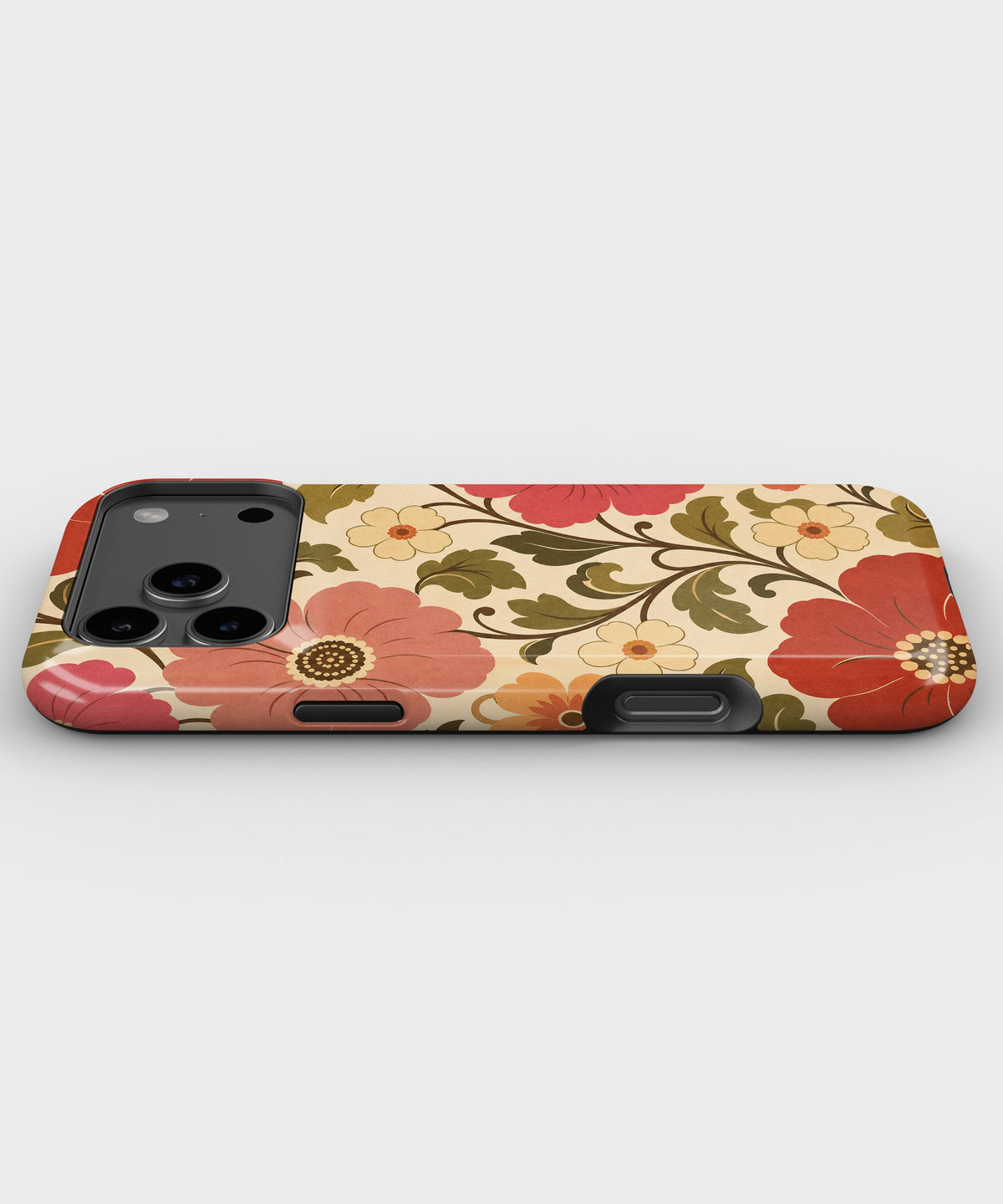 Cream 70s retro oversized floral botanical tough iPhone case with raised camera and edge protection