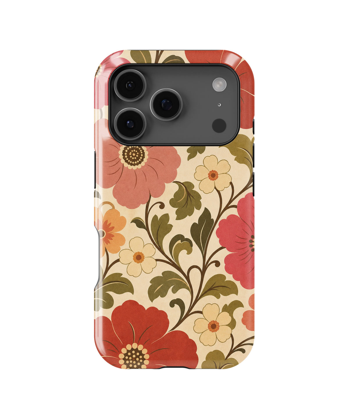 Cream 70s retro oversized floral botanical MagSafe iPhone tough case for iPhone 17 Pro