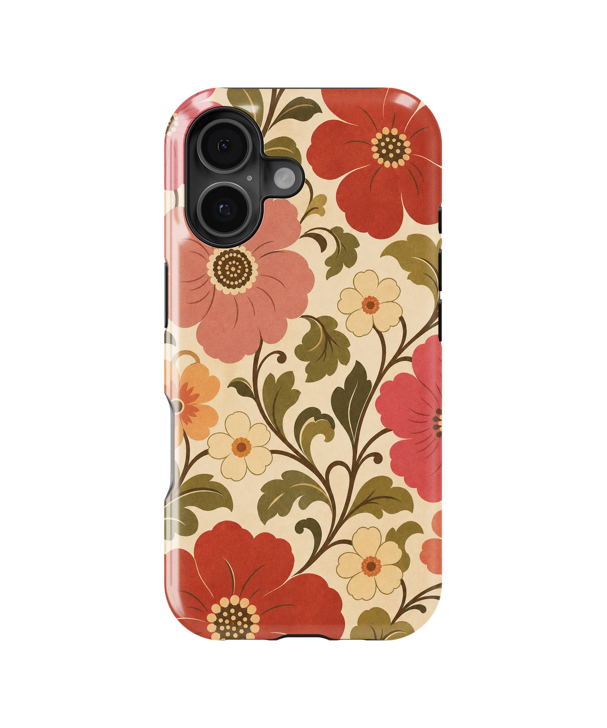 Cream 70s retro oversized floral botanical MagSafe iPhone tough case for iPhone 17