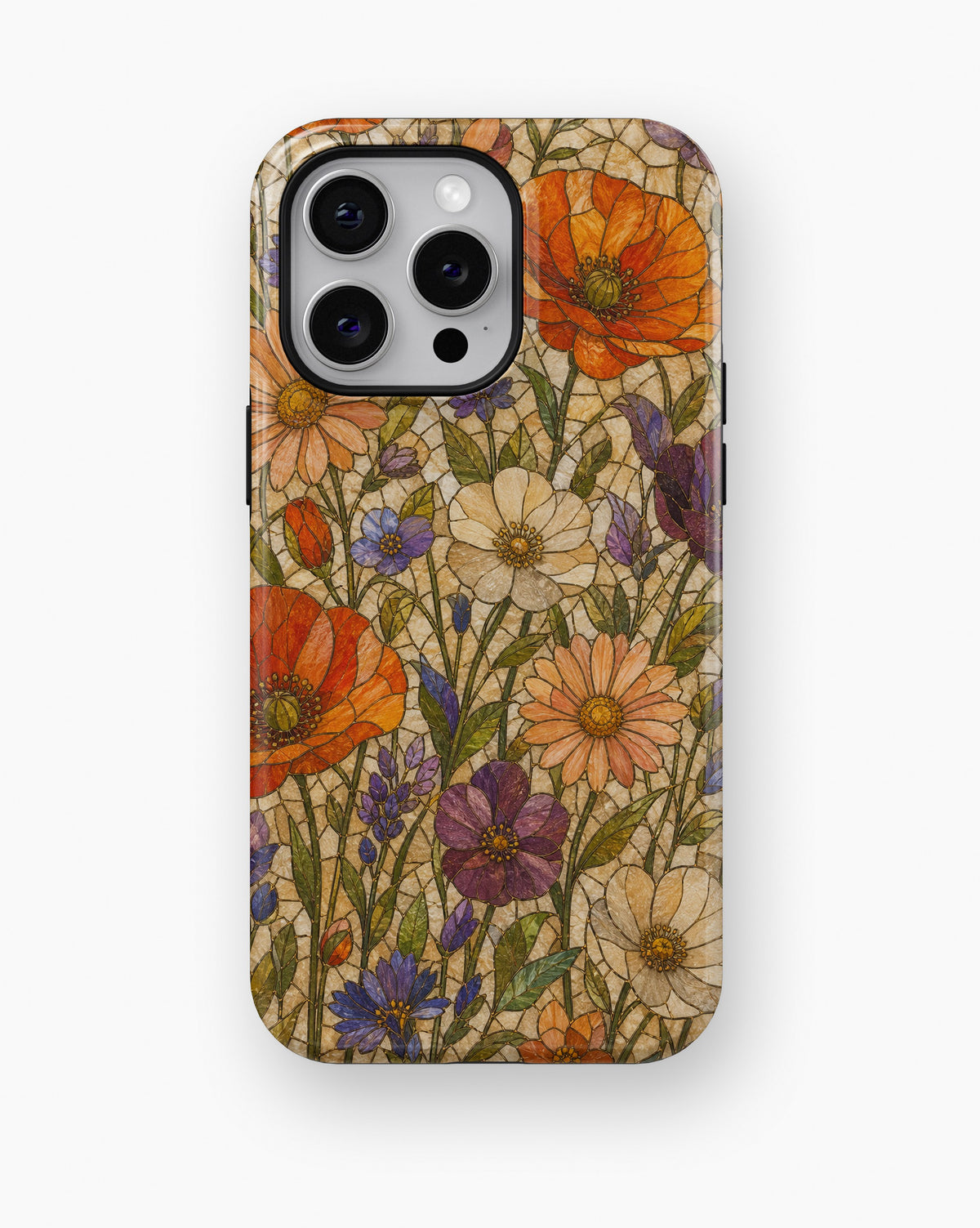 Orange purple wildflower stained glass mosaic shockproof case for iPhone Pro Max models