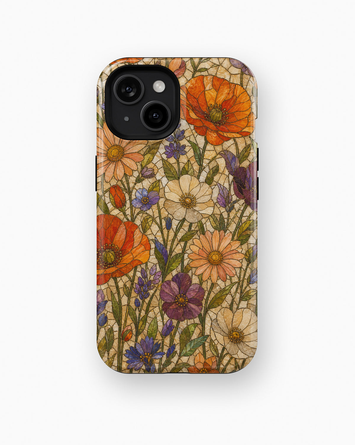 Orange purple wildflower stained glass mosaic shockproof case for standard iPhone models