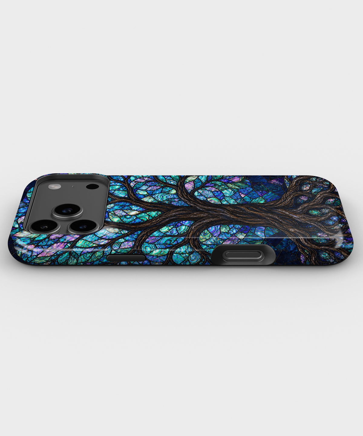 Iridescent blue abalone mosaic Tree of Life tough iPhone case with raised camera and edge protection