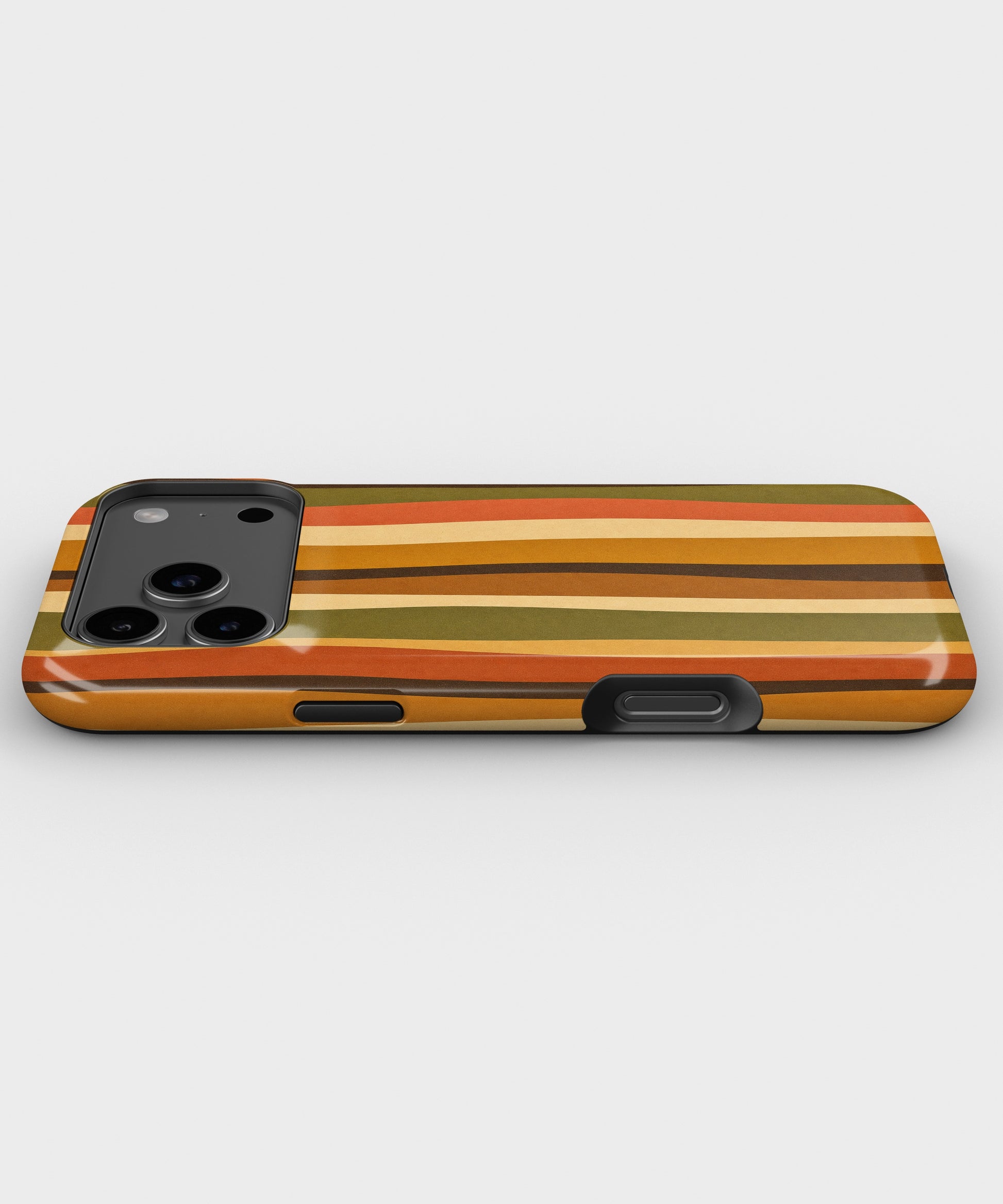 70s retro brown orange wavy vertical stripes tough iPhone case with raised camera and edge protection