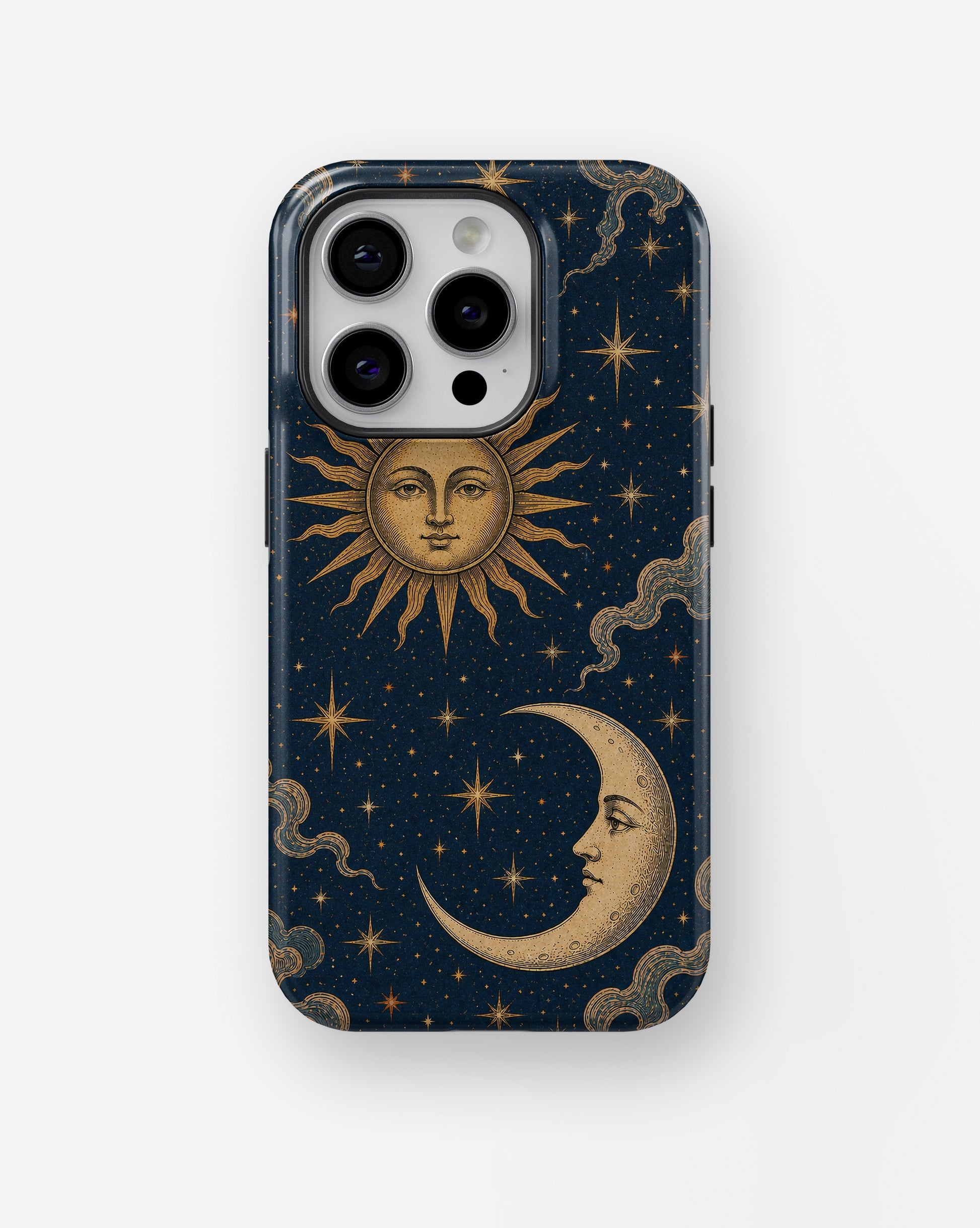 Vintage midnight blue sun and moon celestial shockproof case for iPhone Pro models