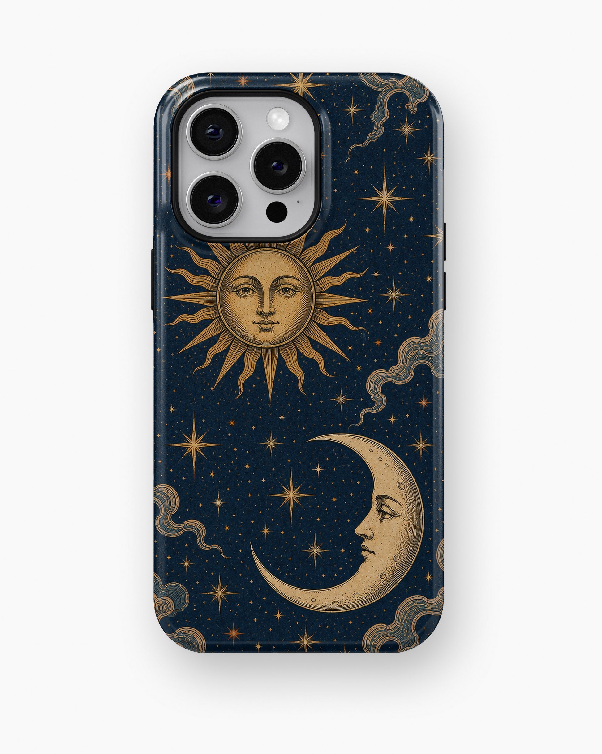 Vintage midnight blue sun and moon celestial shockproof case for iPhone Pro Max models
