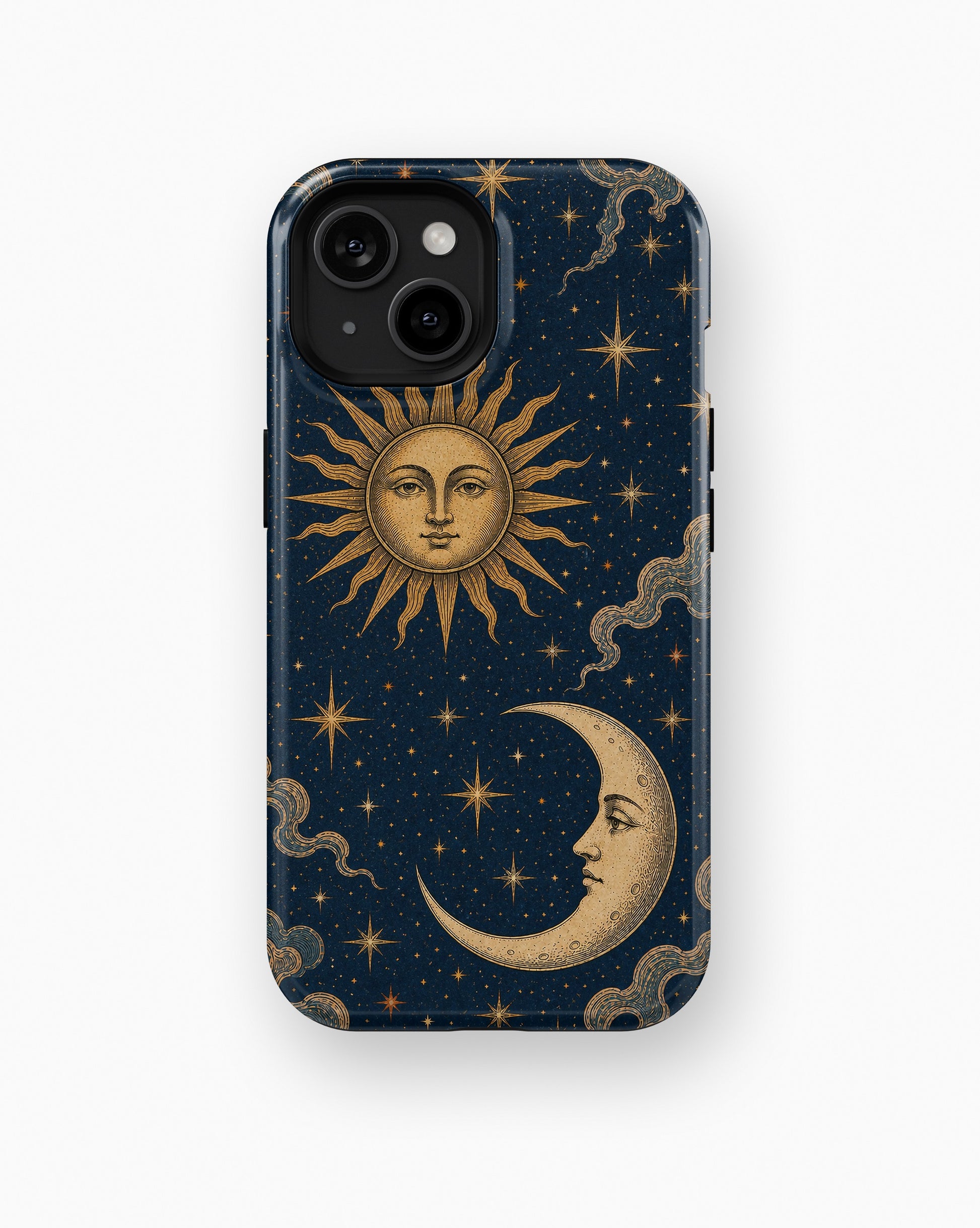 Vintage midnight blue sun and moon celestial shockproof case for standard iPhone models