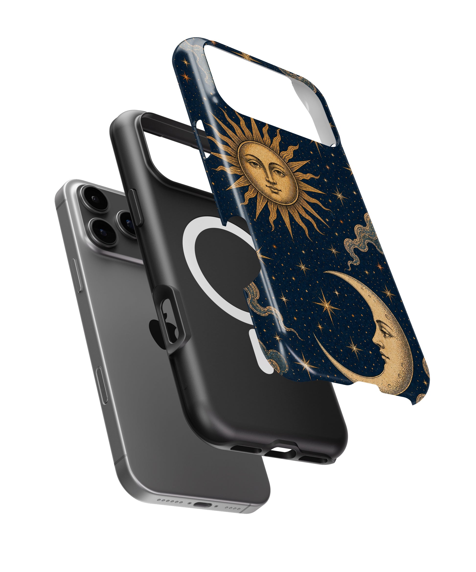Vintage midnight blue sun and moon celestial iPhone case with built-in MagSafe magnetic ring