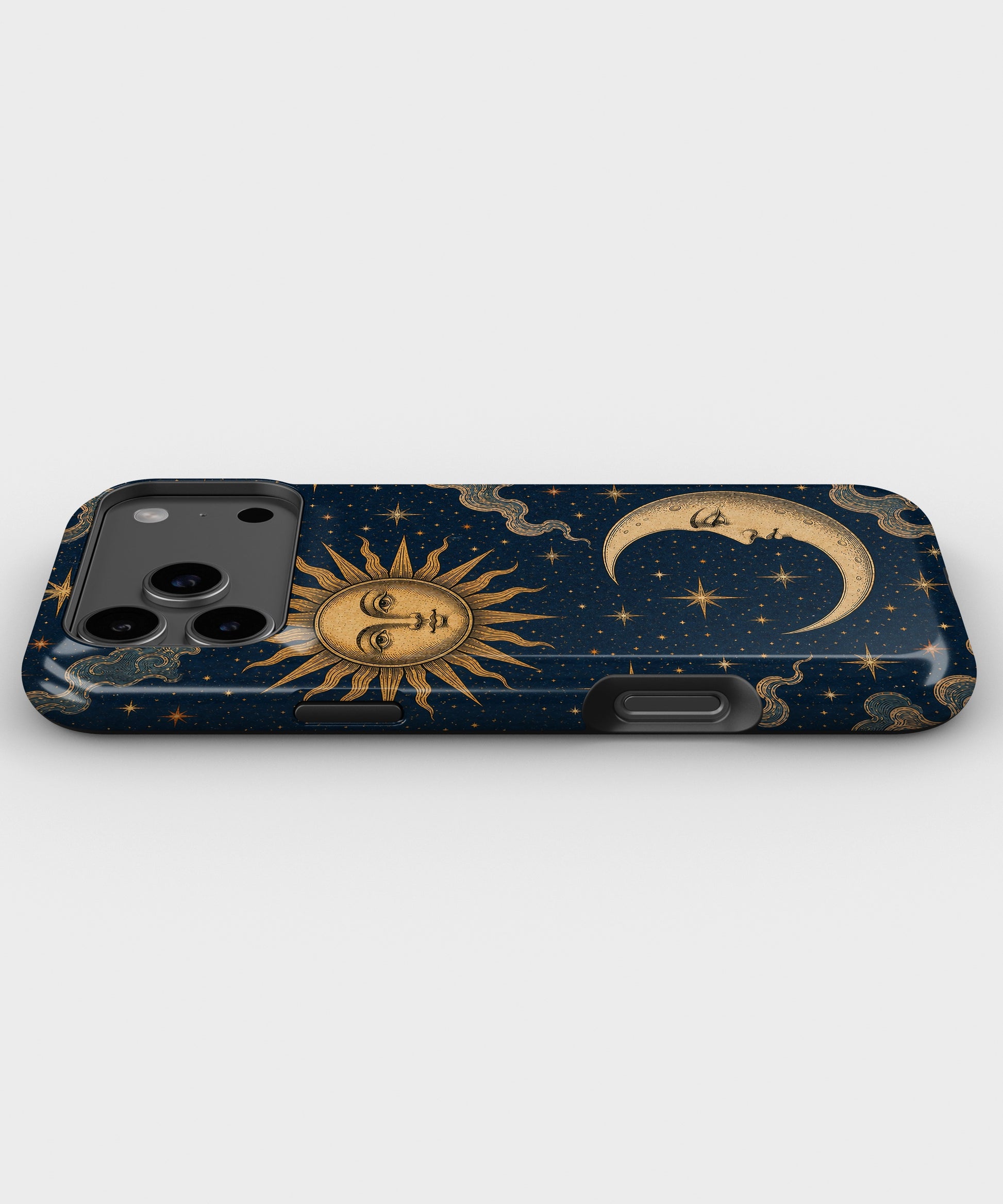 Vintage midnight blue sun and moon celestial tough iPhone case with raised camera and edge protection
