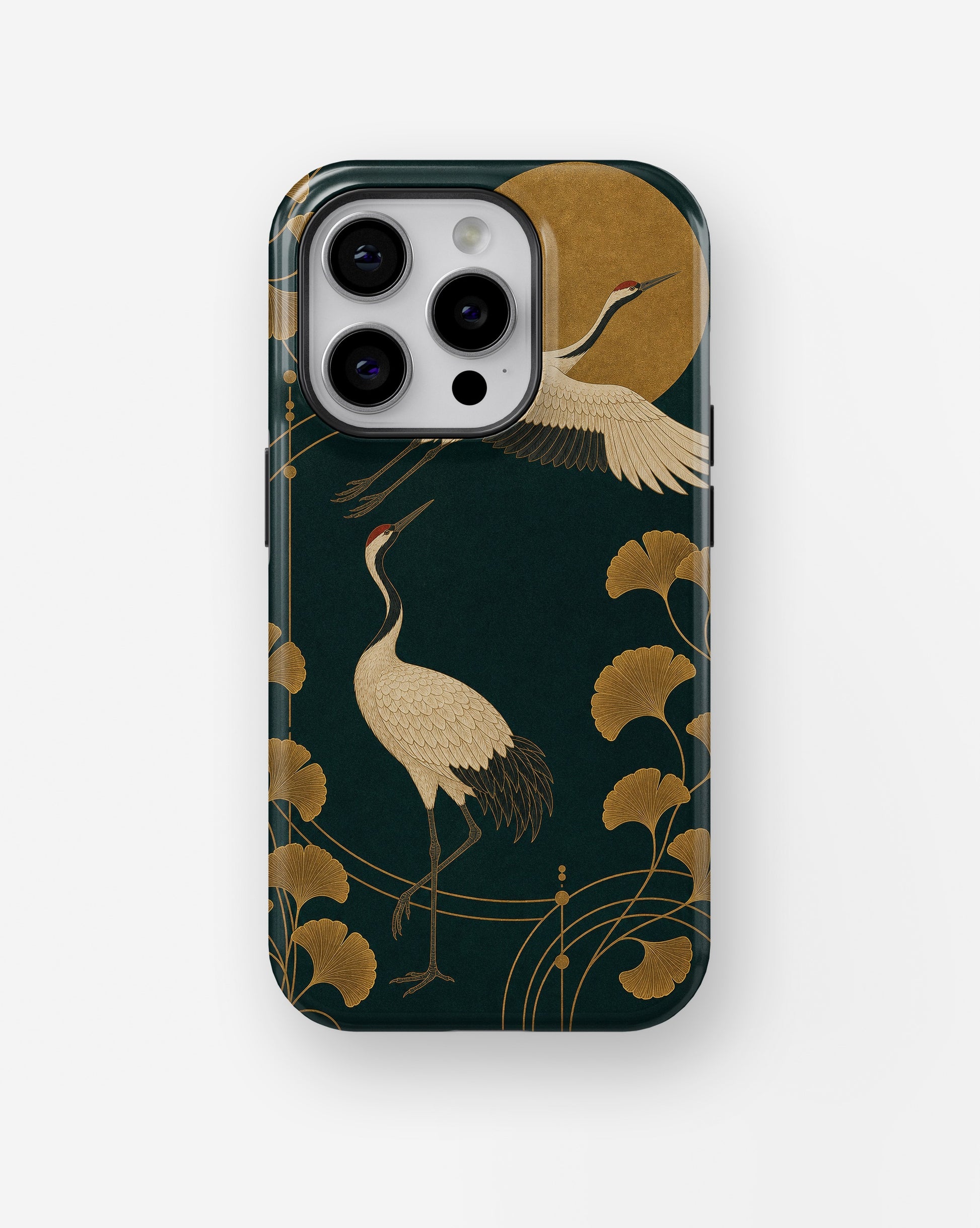 Emerald gold Art Deco cranes and ginkgo shockproof case for iPhone Pro models