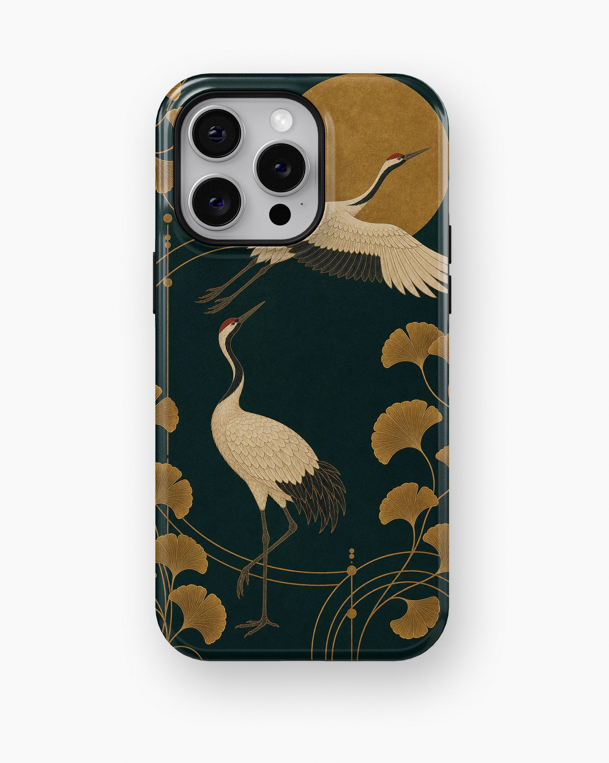 Emerald gold Art Deco cranes and ginkgo shockproof case for iPhone Pro Max models