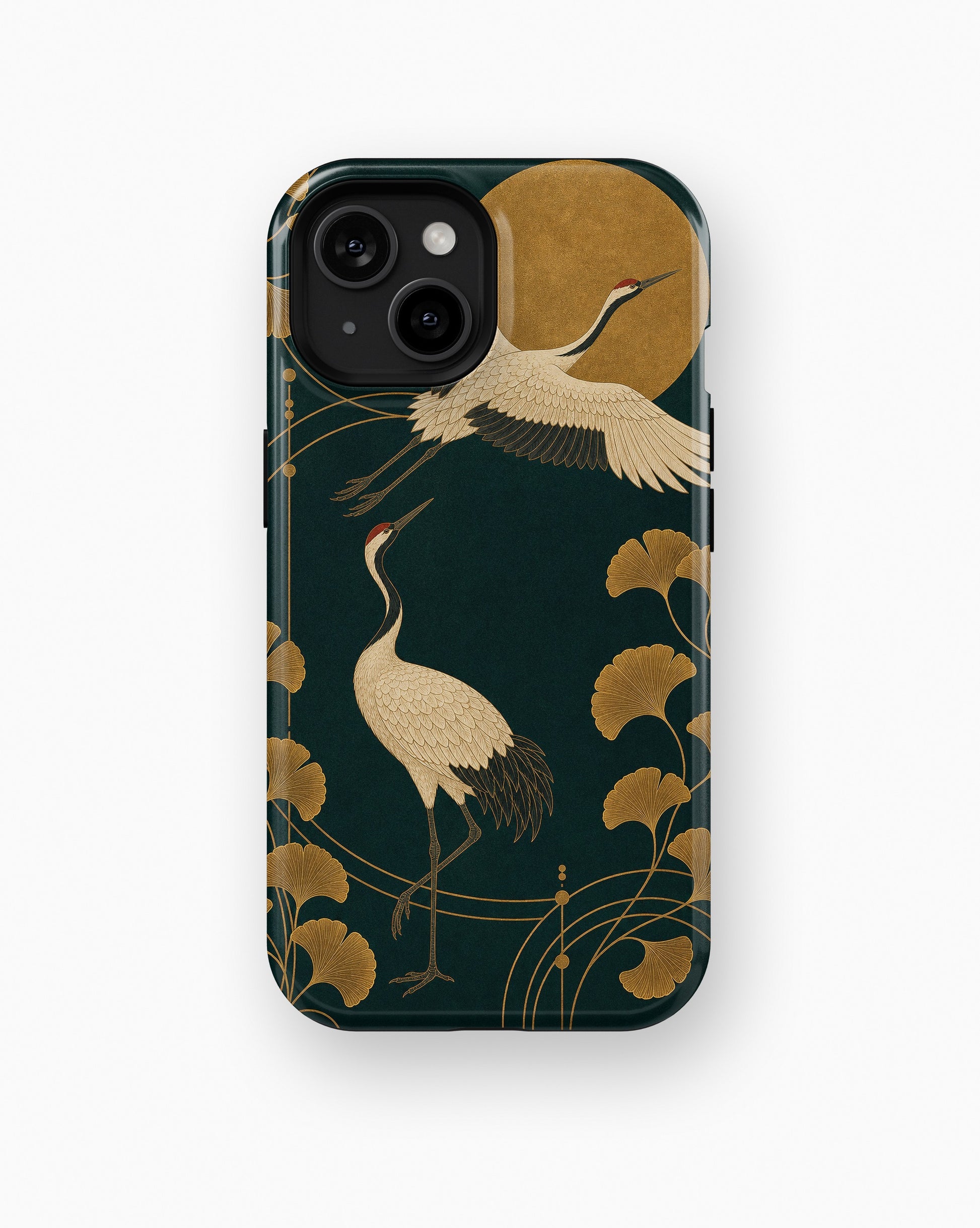 Emerald gold Art Deco cranes and ginkgo shockproof case for standard iPhone models