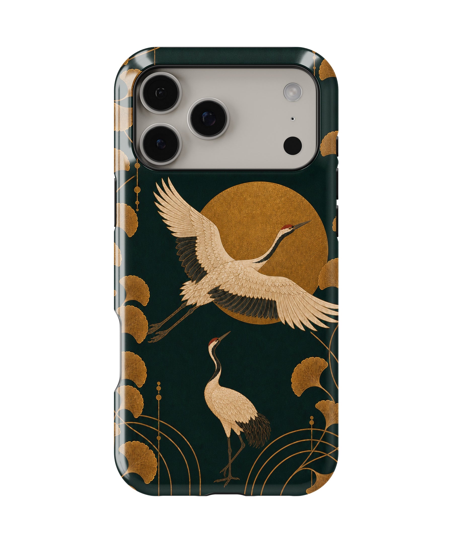 Emerald Art Deco Cranes and Ginkgo MagSafe iPhone Tough Case – Custom Name Option