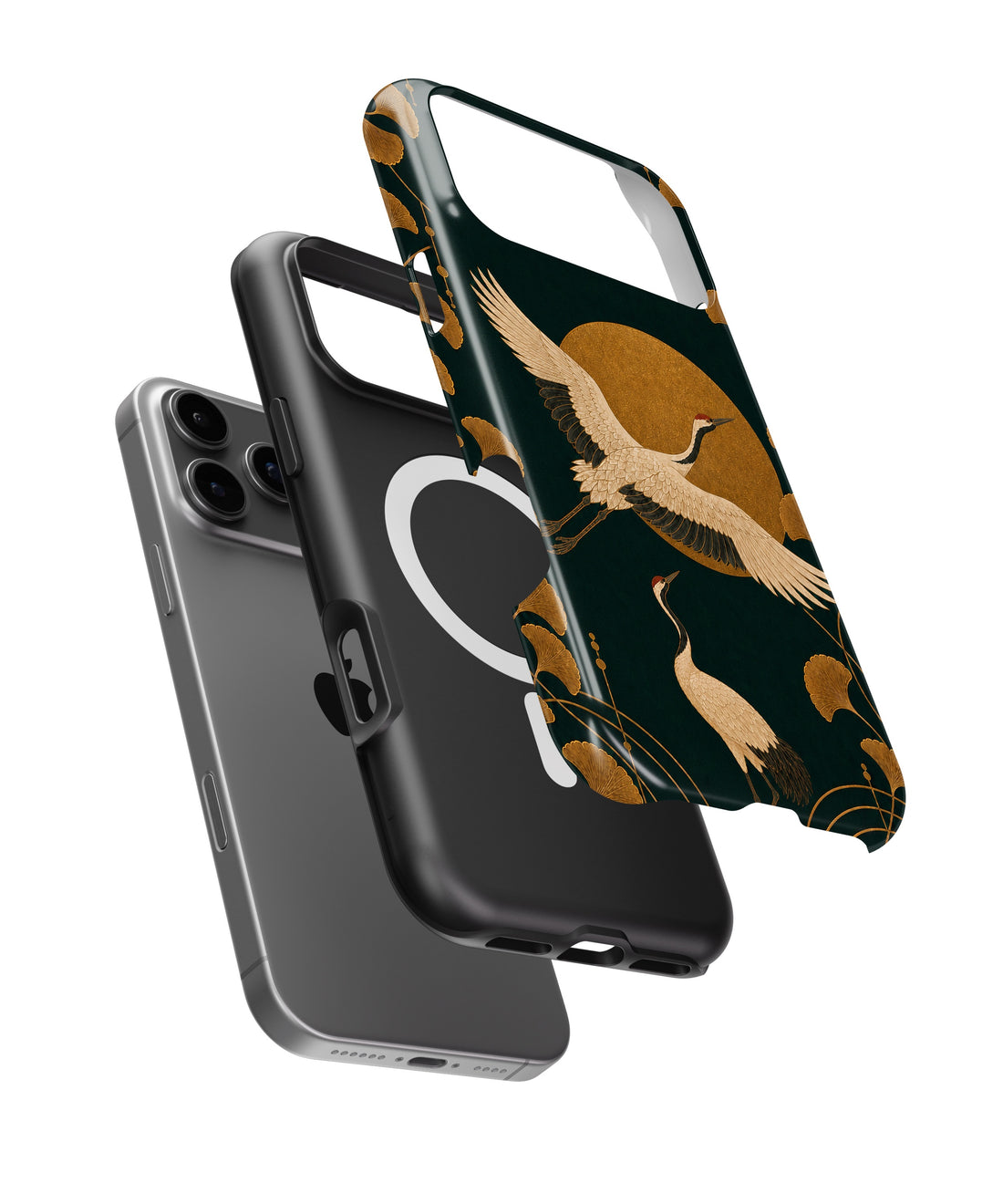 Emerald gold Art Deco cranes and ginkgo shockproof MagSafe iPhone case for iPhone 17 Pro Max