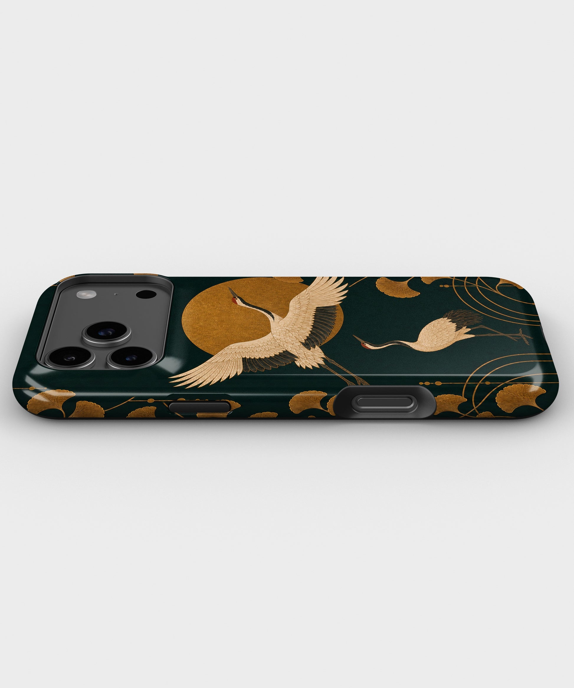 Emerald gold Art Deco cranes and ginkgo tough iPhone case with raised camera and edge protection