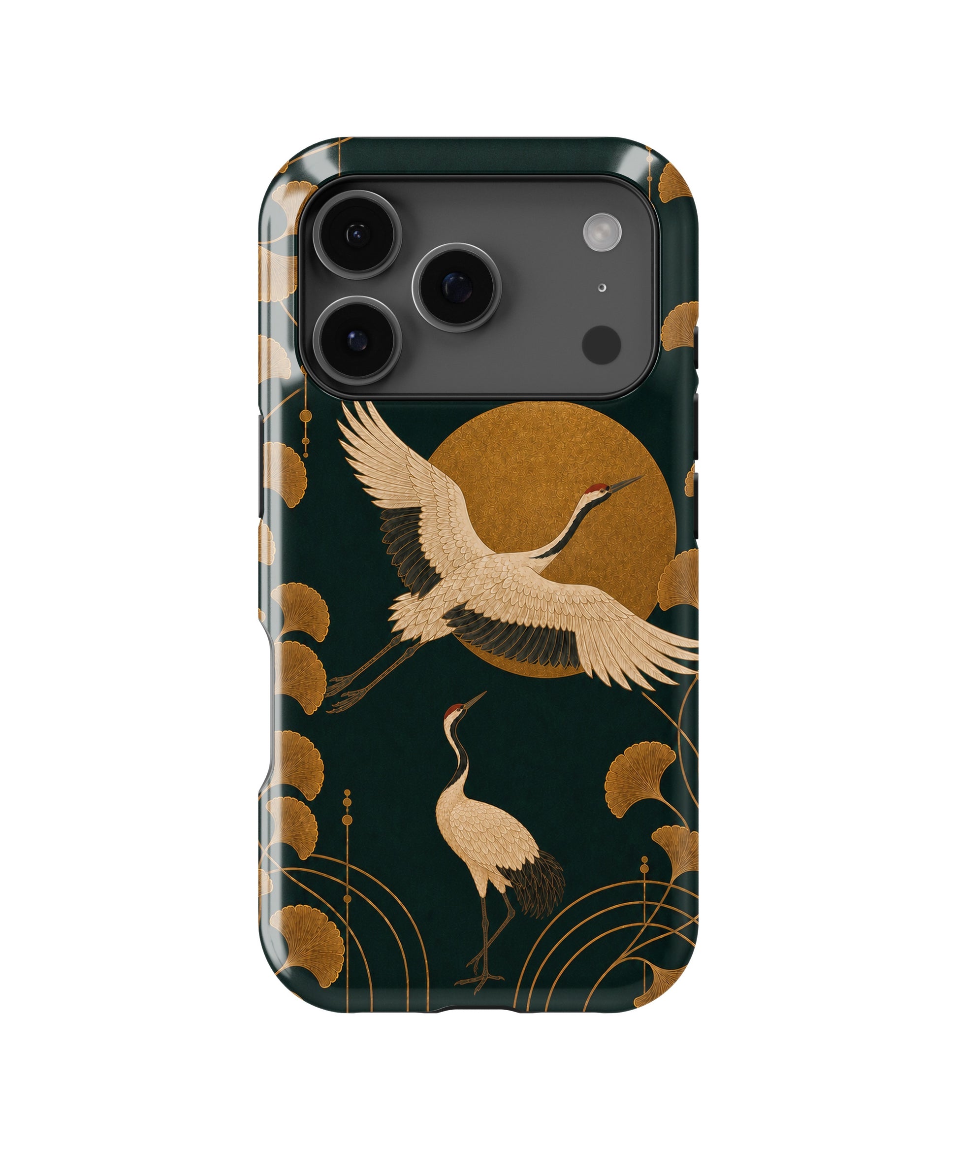 Emerald gold Art Deco cranes and ginkgo MagSafe iPhone tough case for iPhone 17 Pro