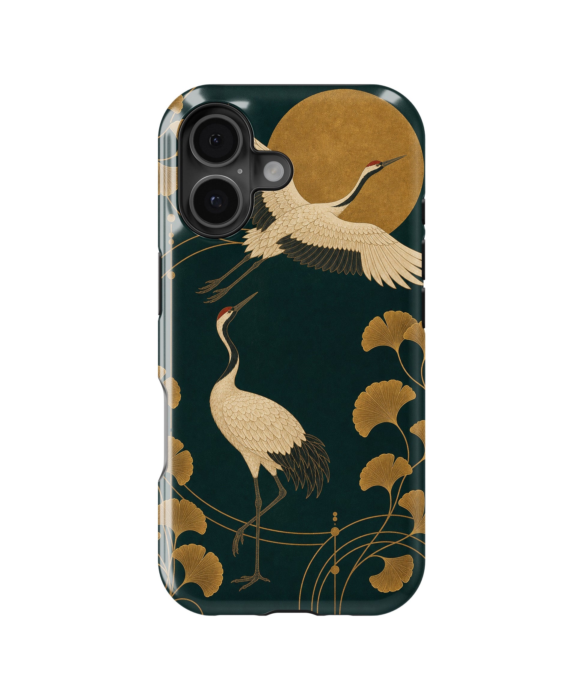 Emerald gold Art Deco cranes and ginkgo MagSafe iPhone tough case for iPhone 17