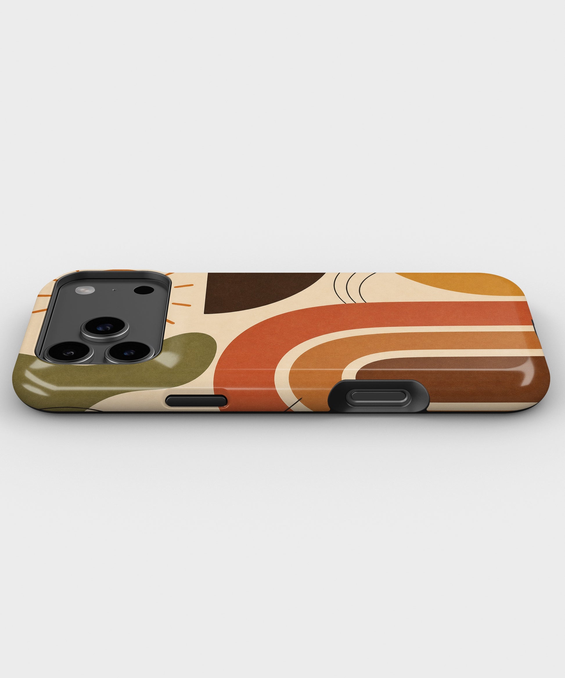Mid-century earth-tone abstract rainbow color blocks tough iPhone case with raised camera and edge protection