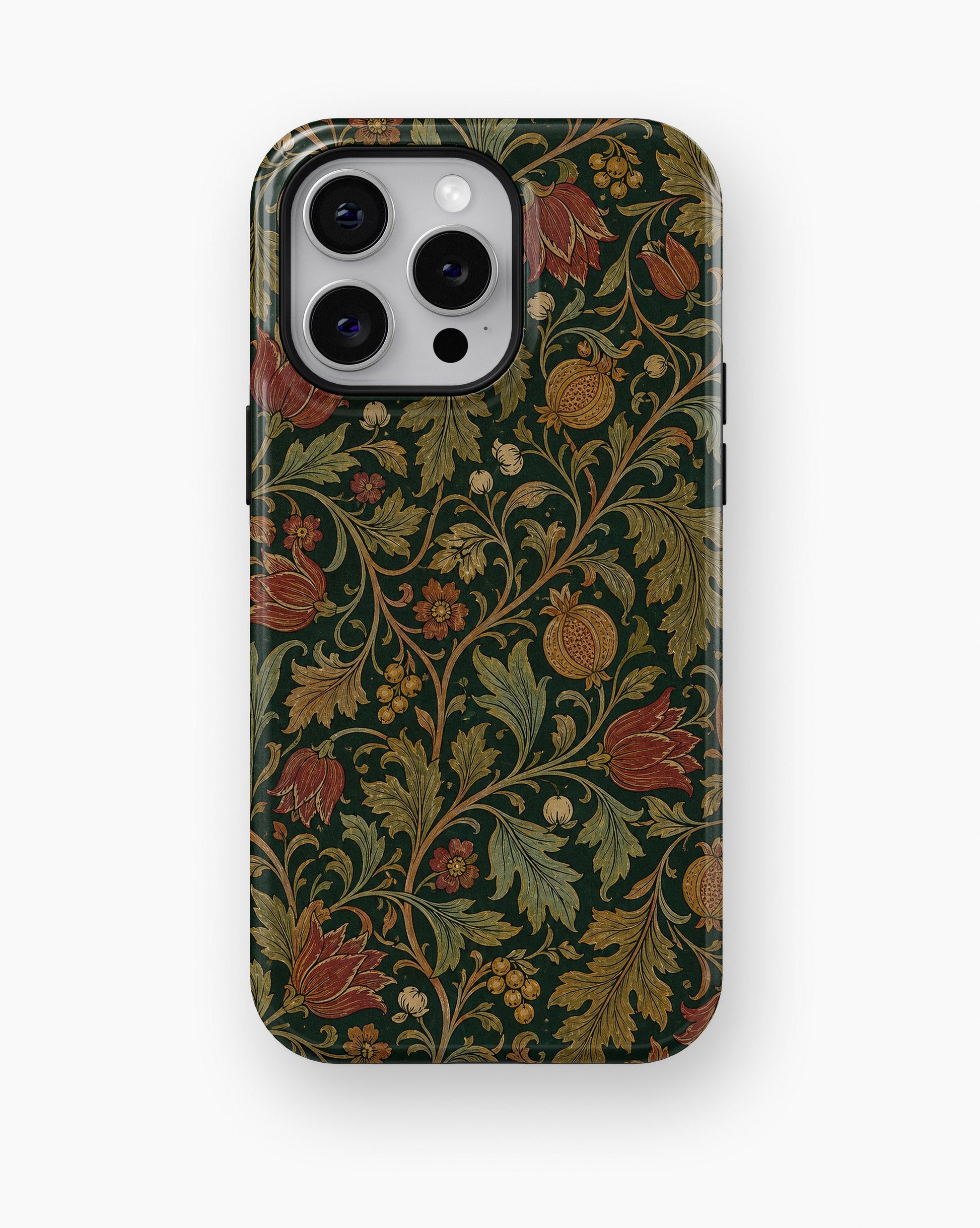 Forest green Arts and Crafts floral botanical shockproof case for iPhone Pro Max models