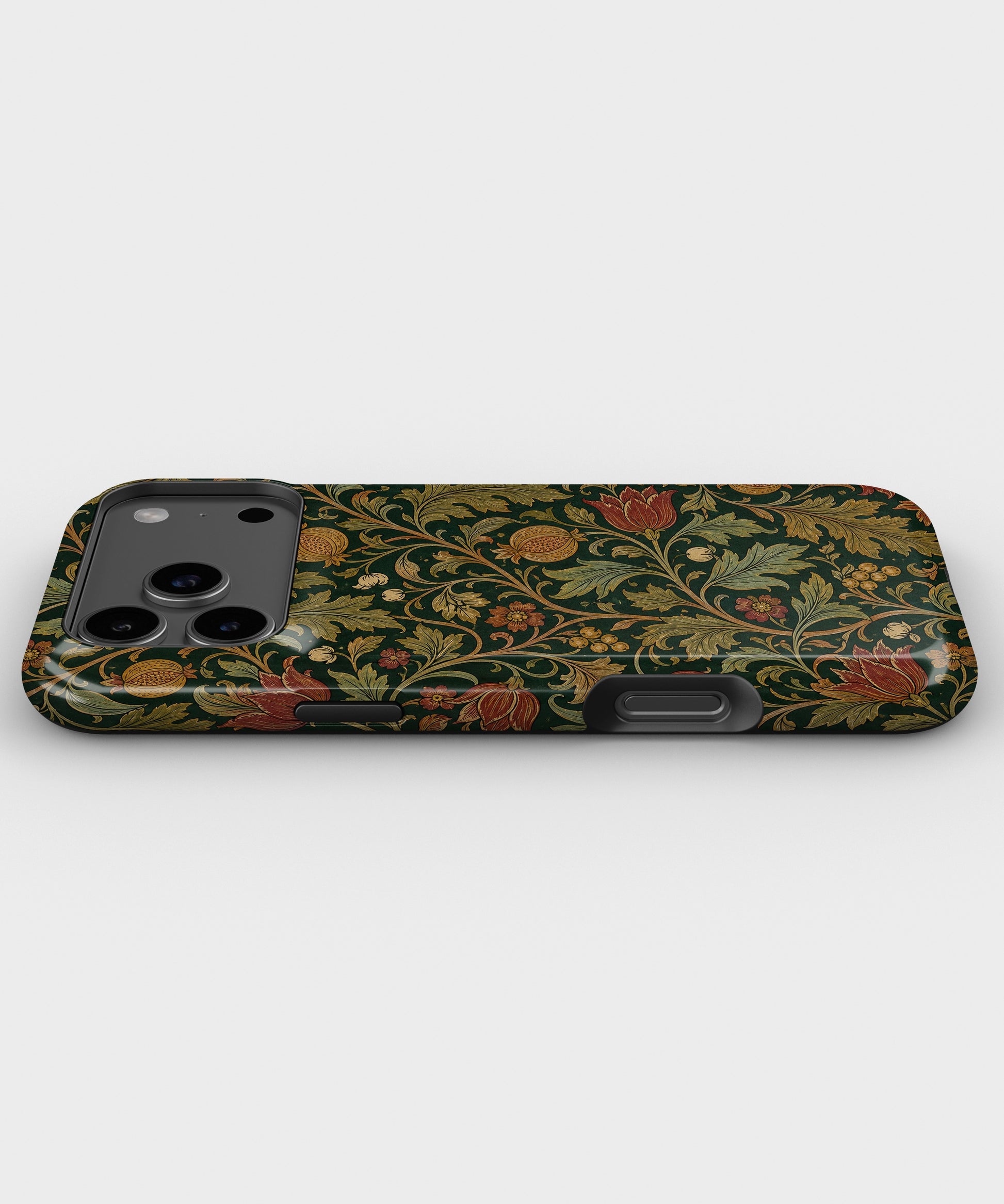 Forest green Arts and Crafts floral botanical tough iPhone case with raised camera and edge protection
