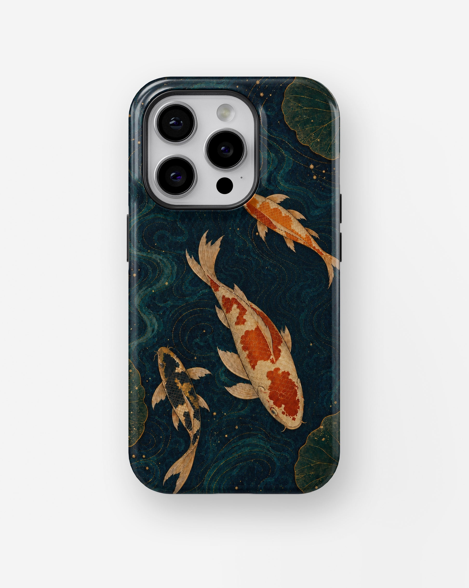 Japanese koi pond with dark blue water and gold ripples shockproof case for iPhone Pro models