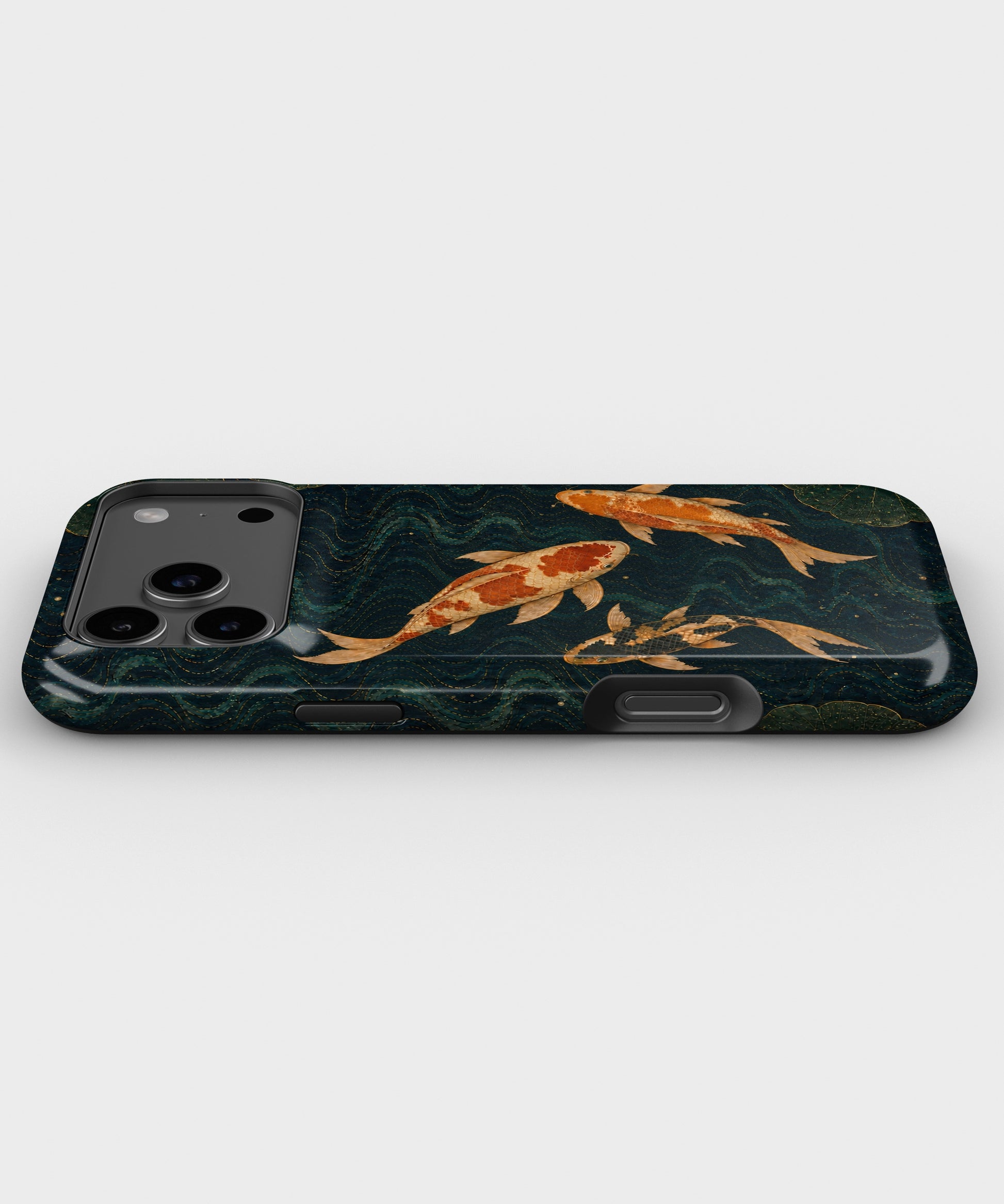Japanese koi pond with dark blue water and gold ripples tough iPhone case with raised camera and edge protection