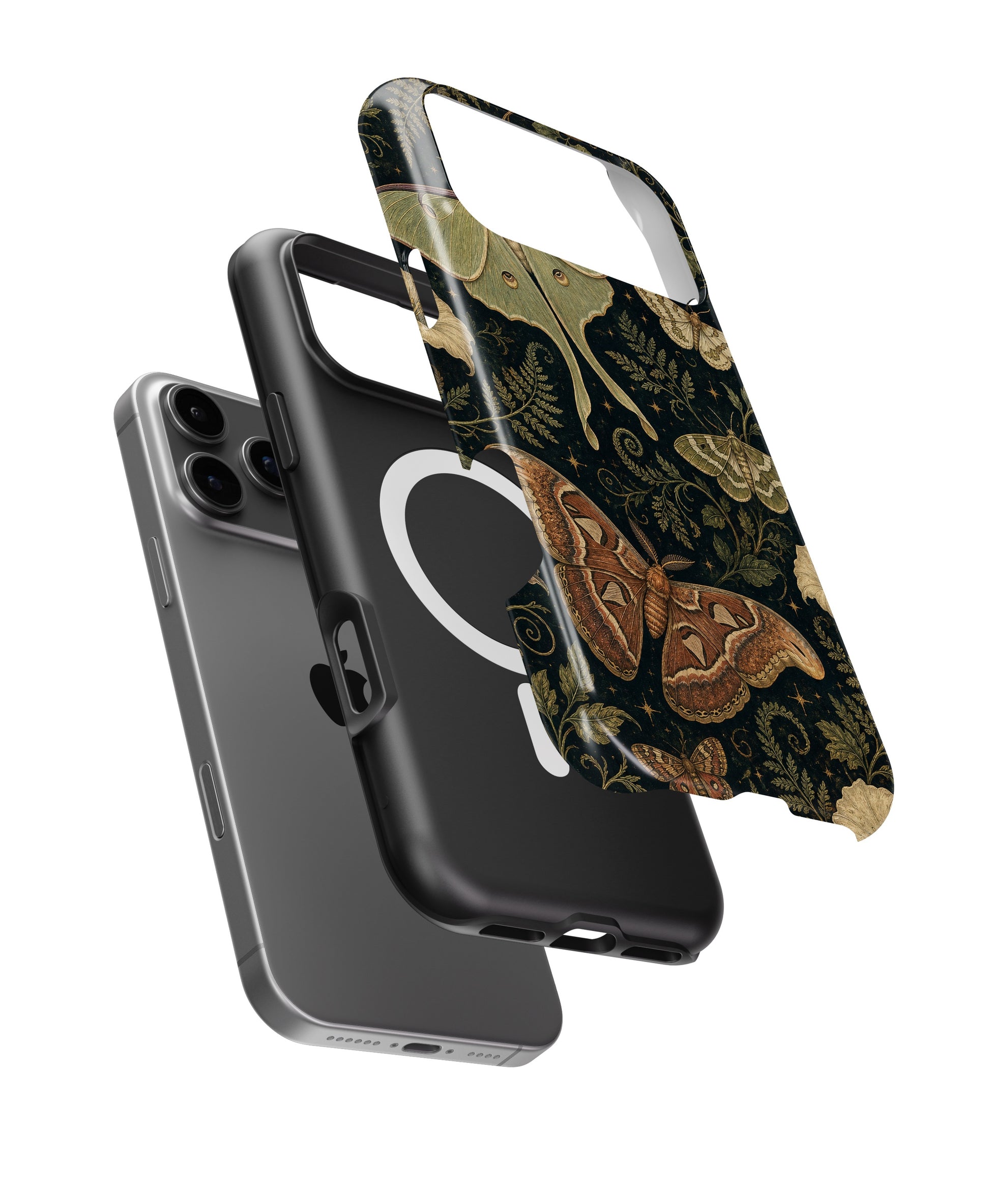 Dark academia luna moth night botanical iPhone case with built-in MagSafe magnetic ring