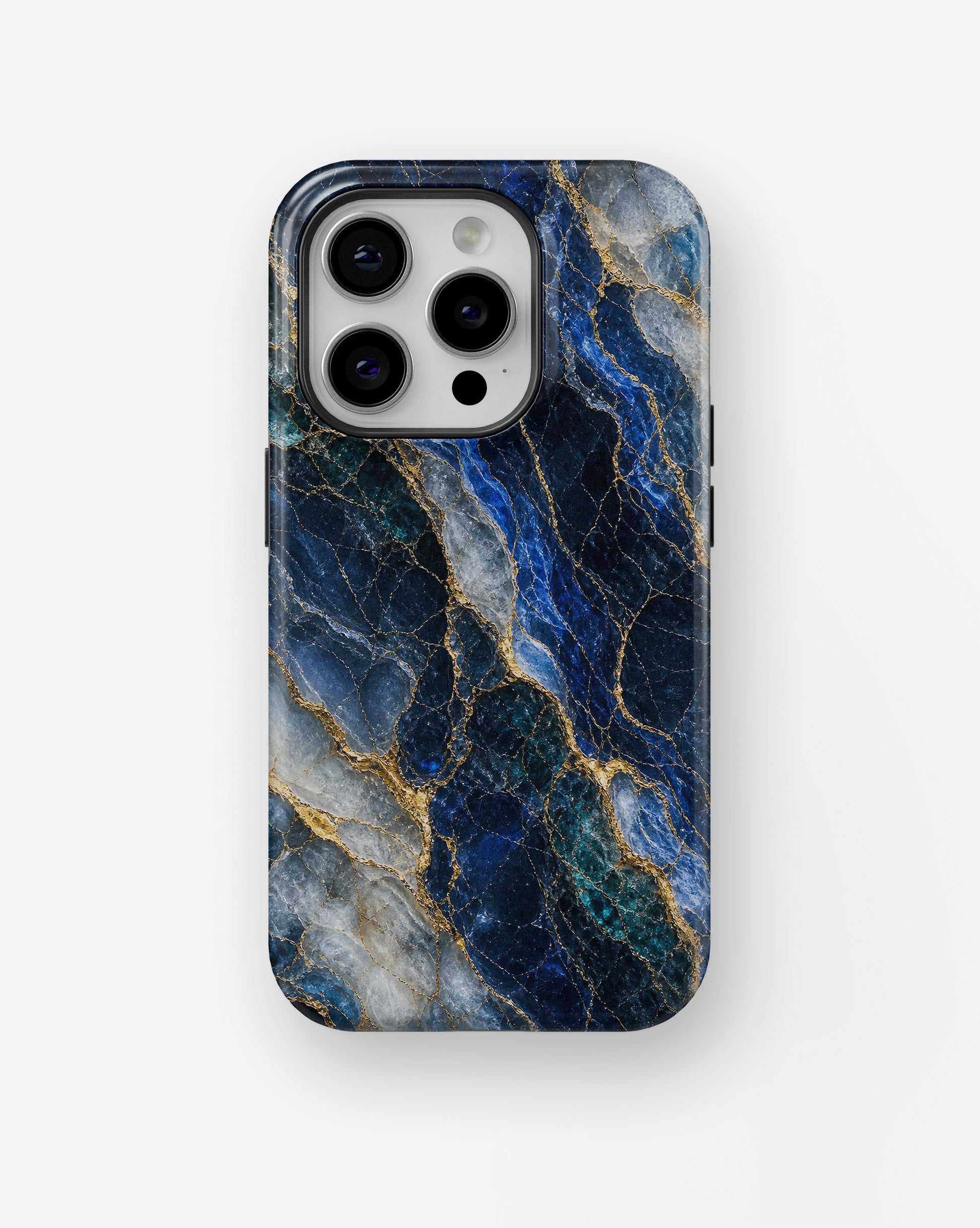 Deep blue marble with teal white and gold veins shockproof case for iPhone Pro models