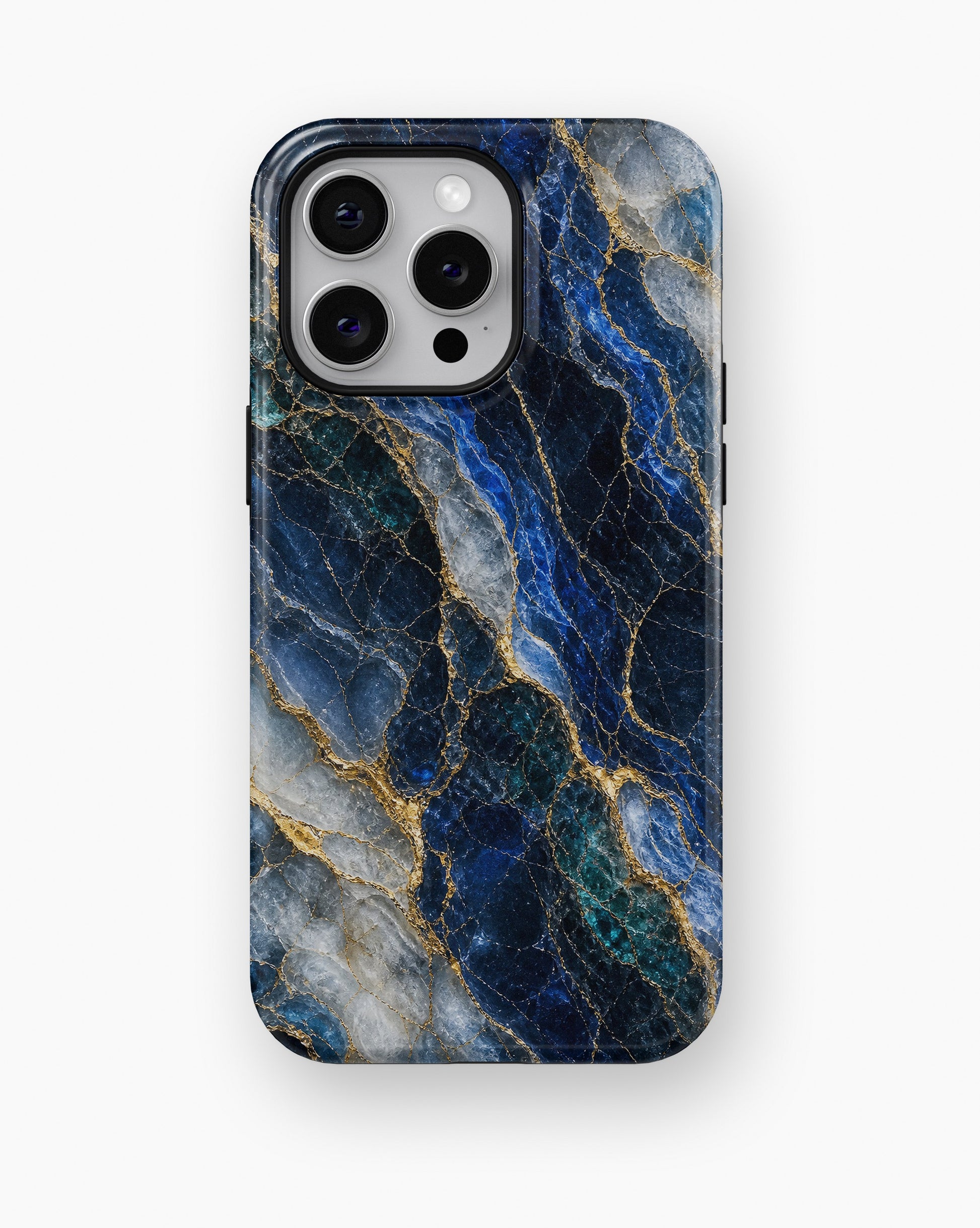 Deep blue marble with teal white and gold veins shockproof case for iPhone Pro Max models