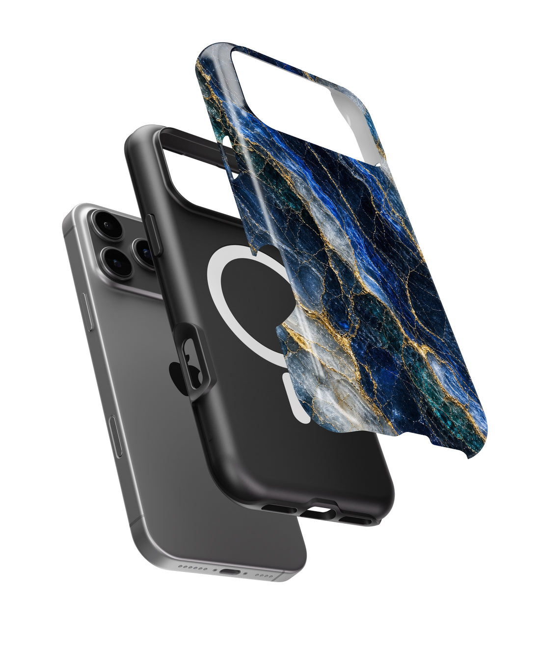 Deep blue marble with teal white and gold veins shockproof MagSafe iPhone case for iPhone 17 Pro Max