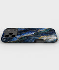 Deep blue marble with teal white and gold veins tough iPhone case with raised camera and edge protection