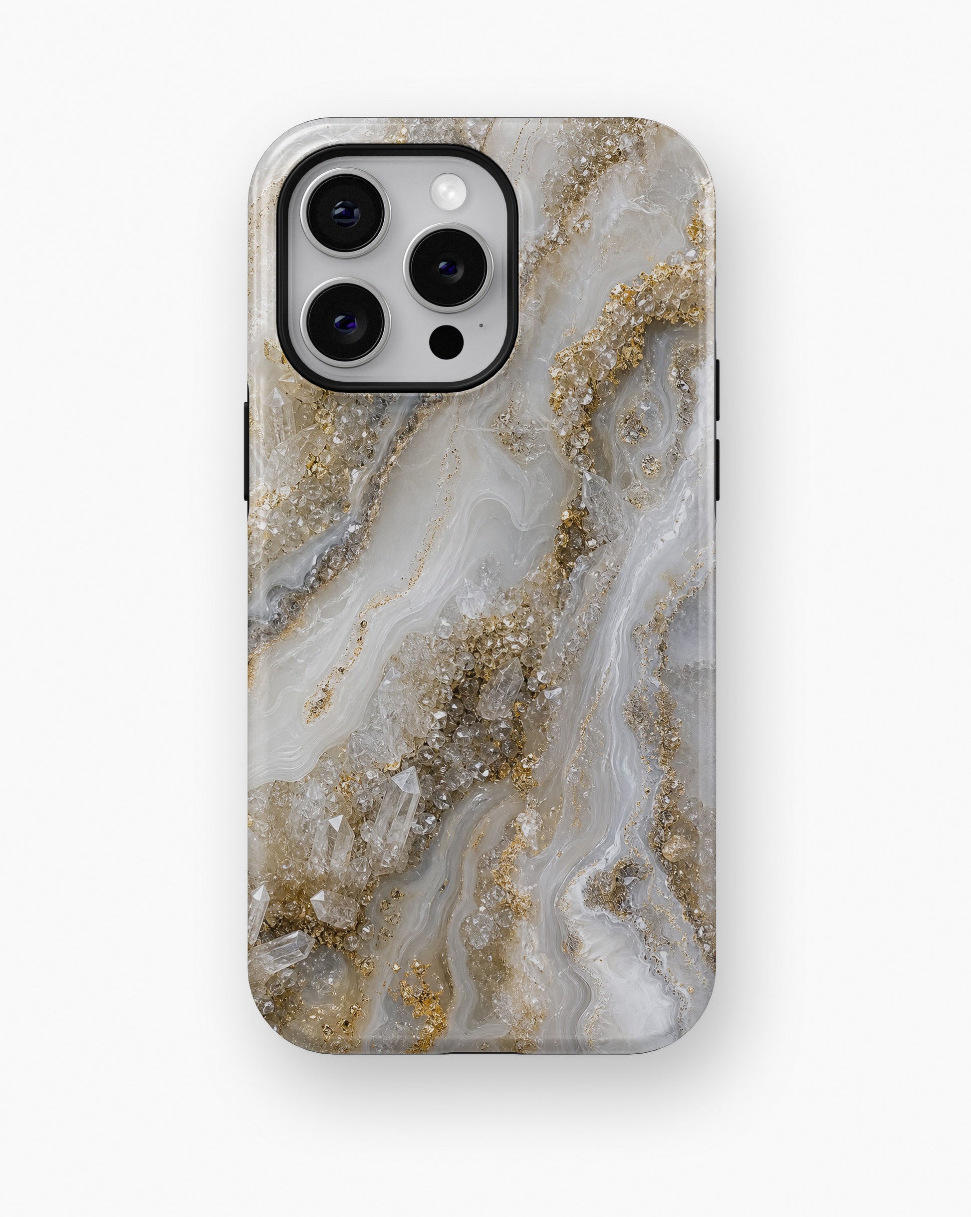 White gold clear quartz-inspired crystal geode shockproof case for iPhone Pro Max models
