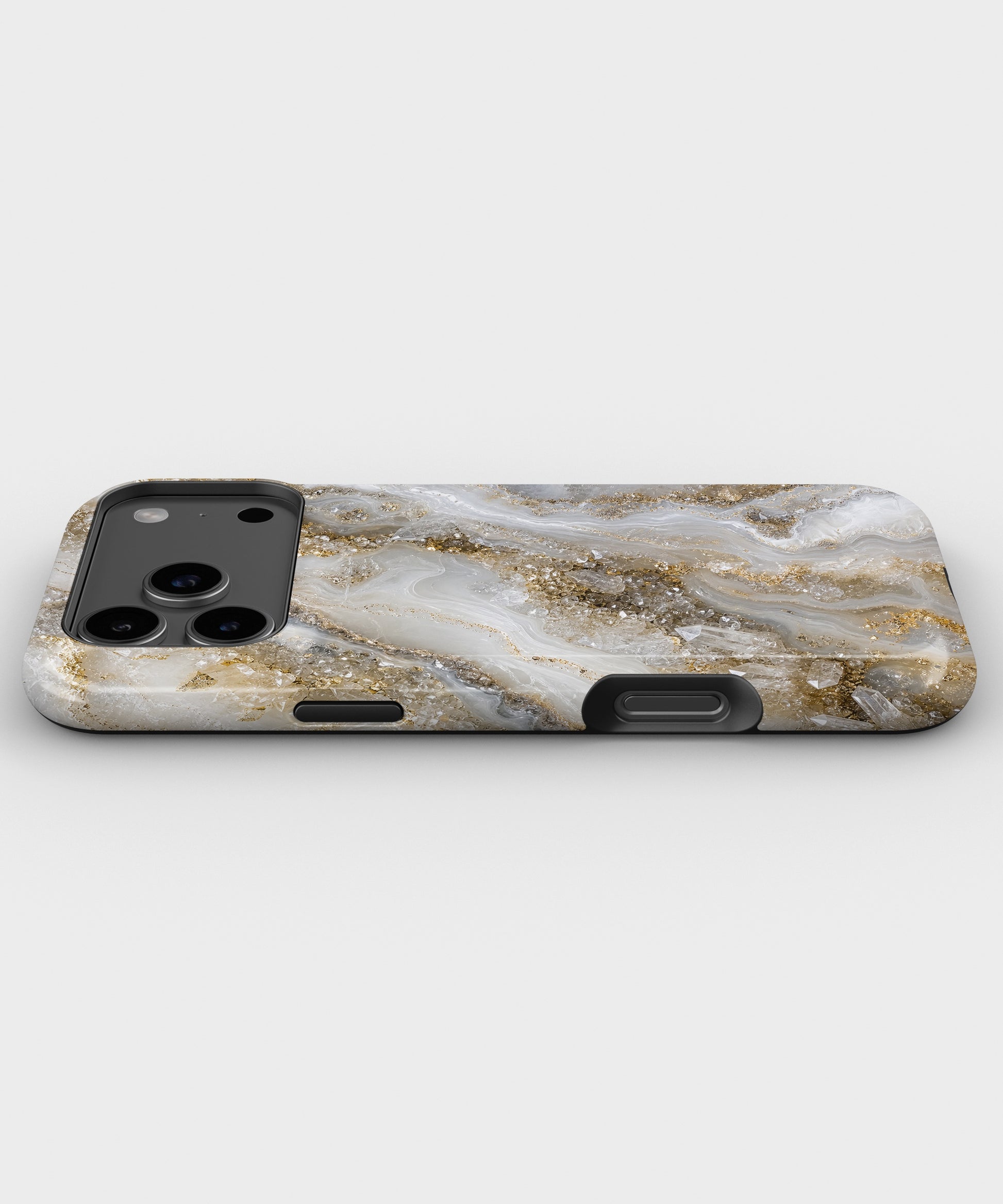 White gold clear quartz-inspired crystal geode tough iPhone case with raised camera and edge protection