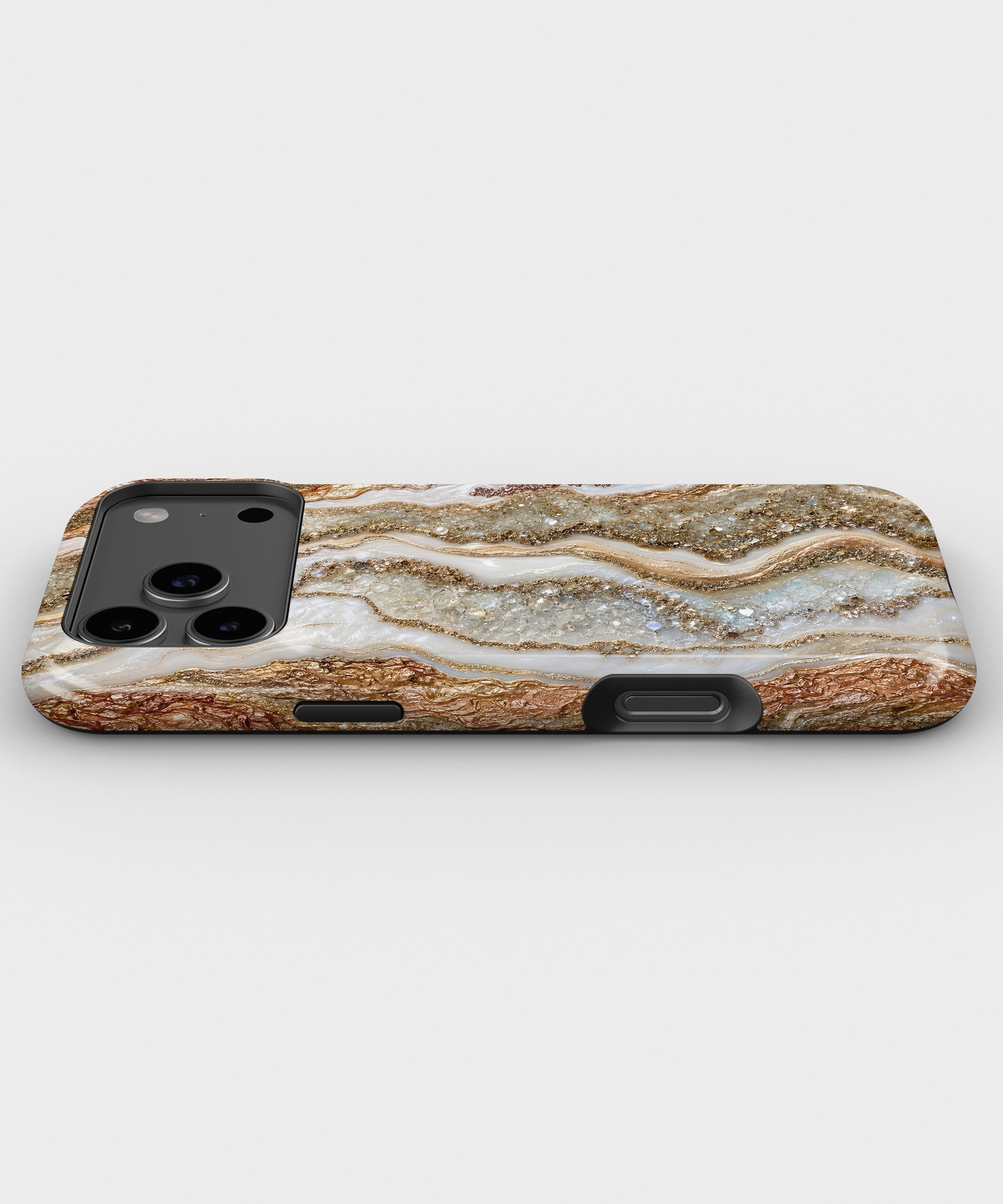 Pearl white copper rose-gold resin geode tough iPhone case with raised camera and edge protection