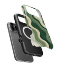 Dark green sage cream organic flow lines iPhone case with built-in MagSafe magnetic ring