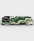 Dark green sage cream organic flow lines tough iPhone case with raised camera and edge protection