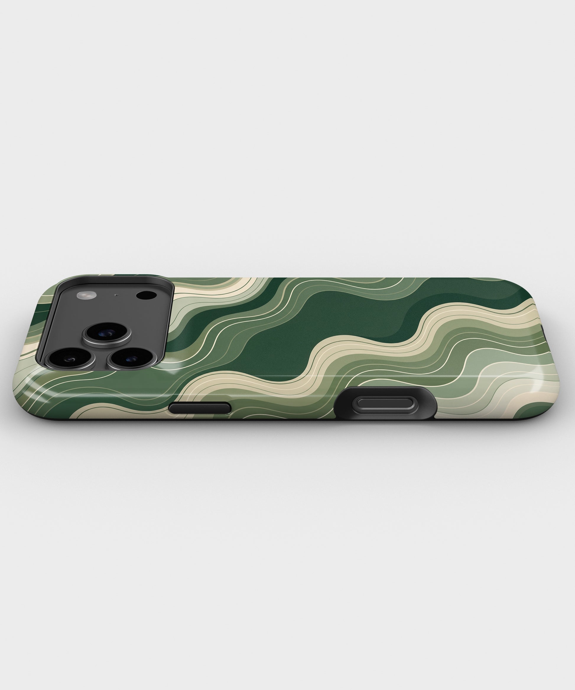 Dark green sage cream organic flow lines tough iPhone case with raised camera and edge protection