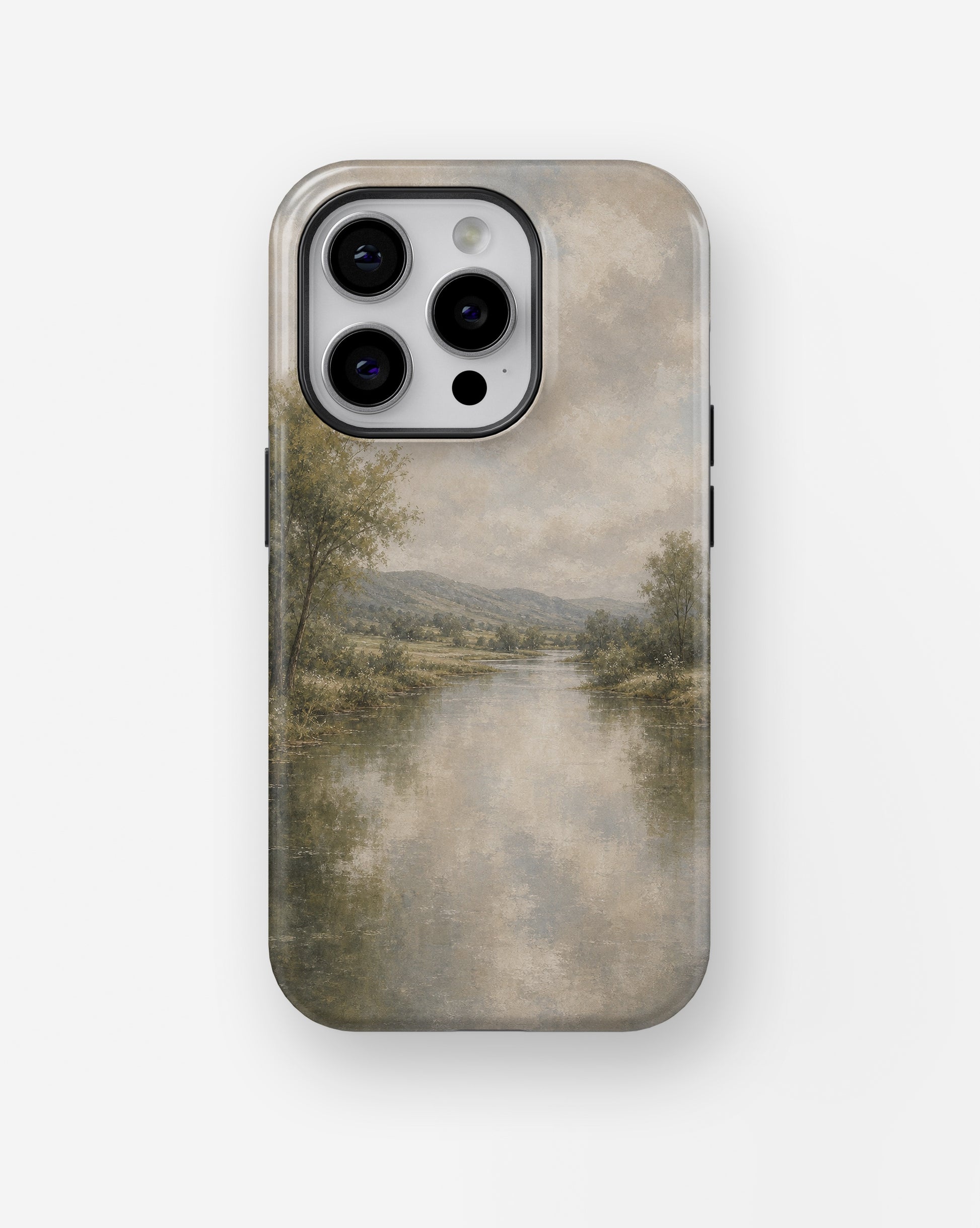 Muted sage misty river countryside landscape shockproof case for iPhone Pro models