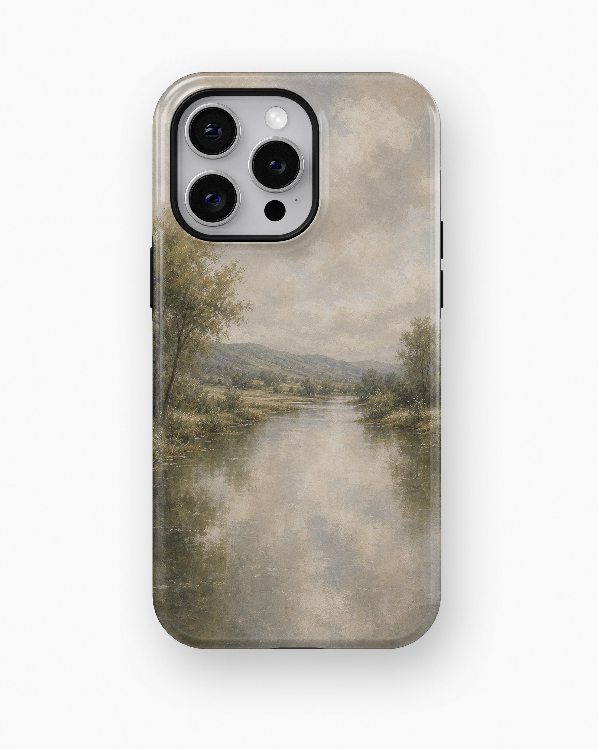Muted sage misty river countryside landscape shockproof case for iPhone Pro Max models