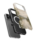 Muted sage misty river countryside landscape iPhone case with built-in MagSafe magnetic ring