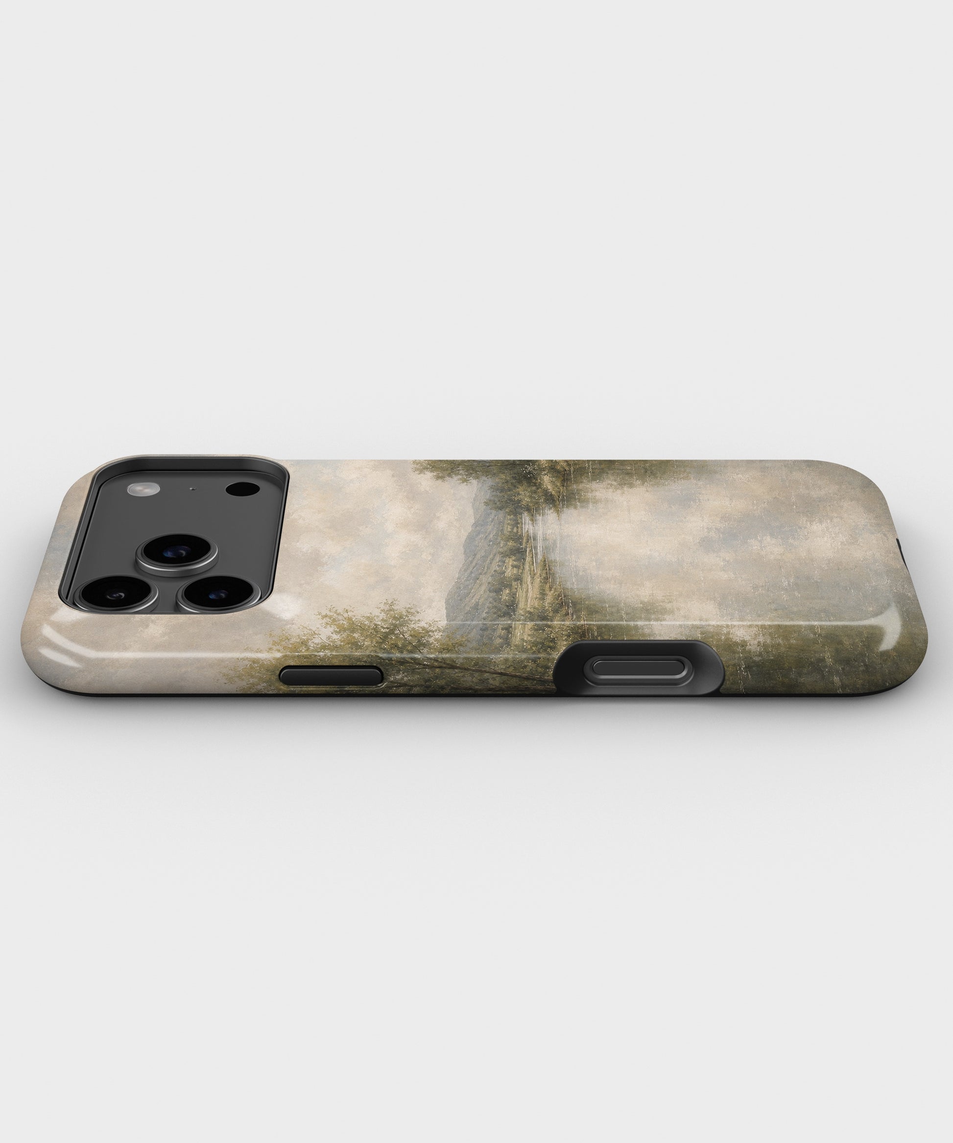 Muted sage misty river countryside landscape tough iPhone case with raised camera and edge protection